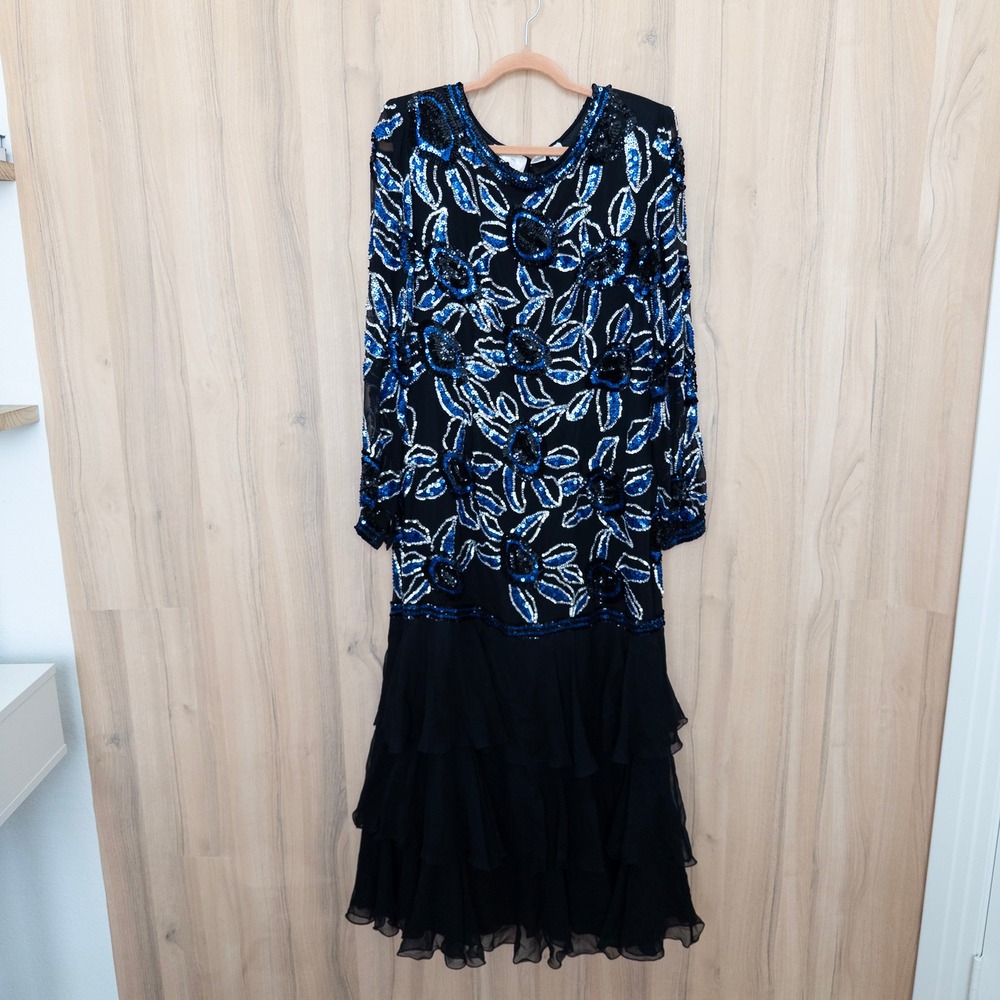 Vintage Swee Lo Silk Dress XL Black Blue Beaded Tiered Ruffle 80s Glam Formal